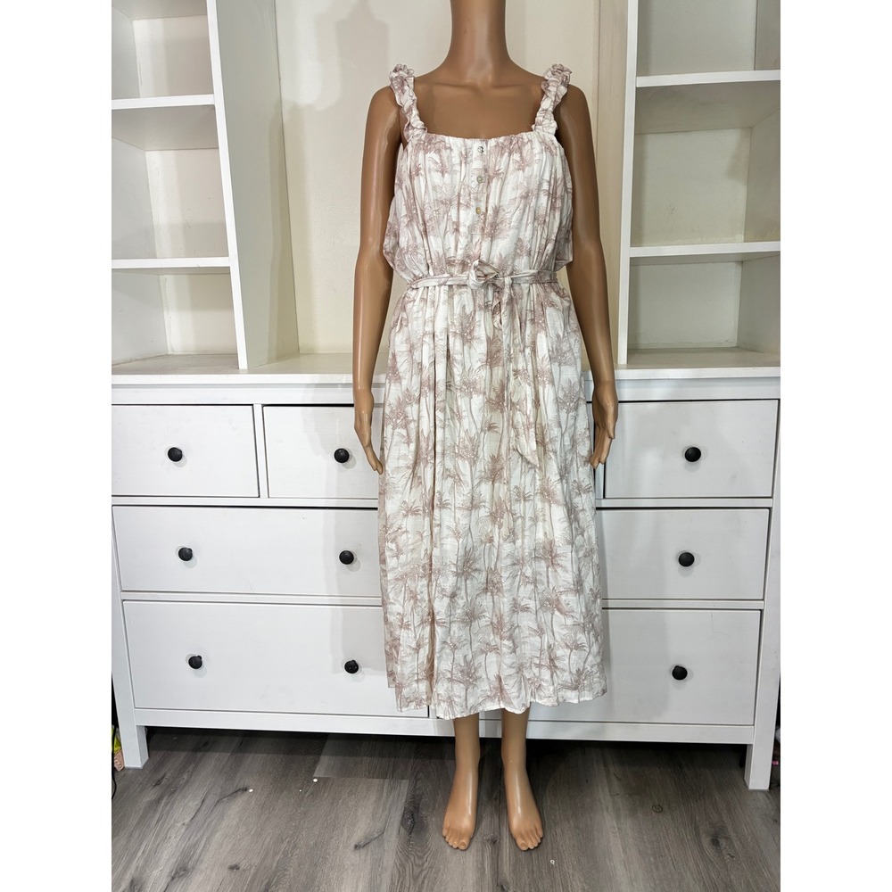 Bobeau Ivory Beige Palm Tree Print Midi Dress Large NWT Tropical Coastal